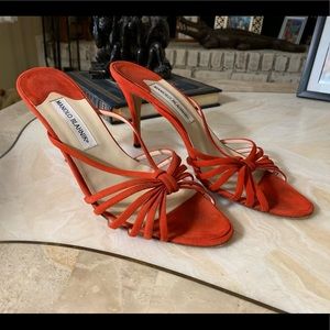 Manolo Blahnik red strappy suede slide mules 40.5